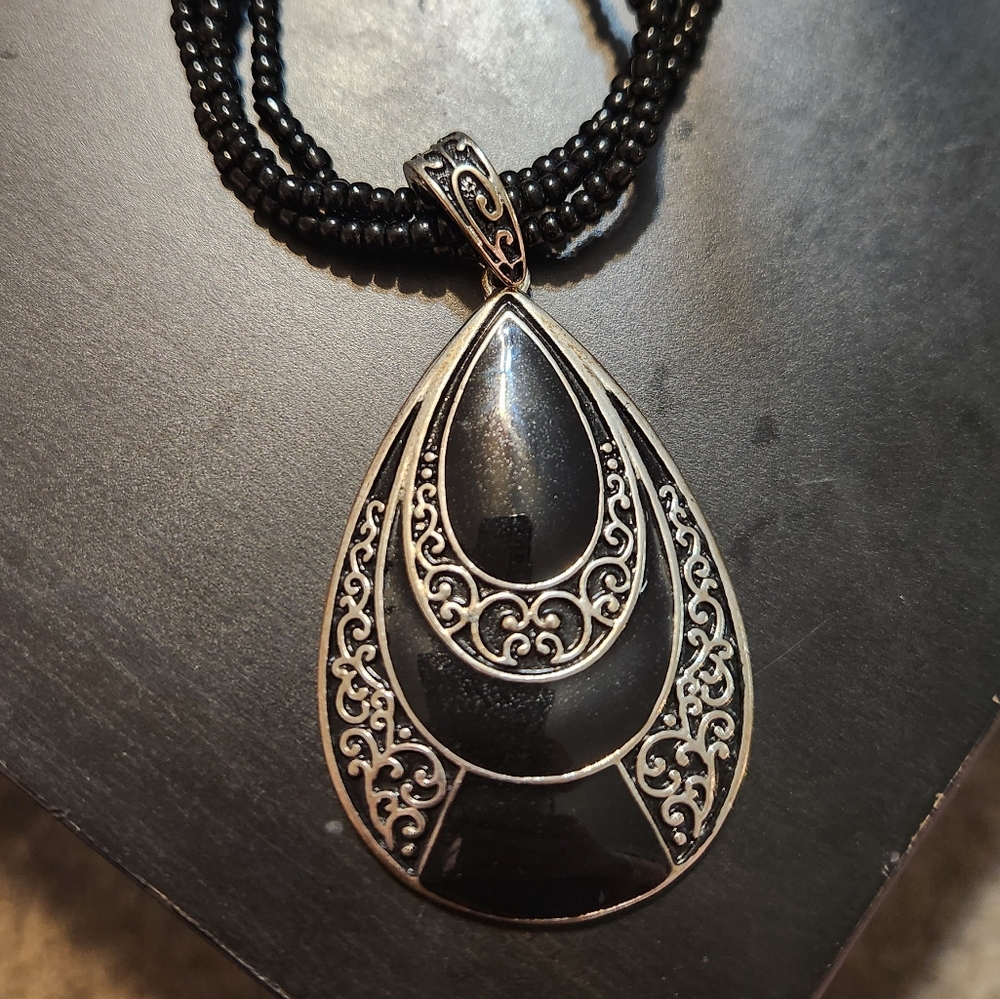 Vintage Black and silver enamel necklace